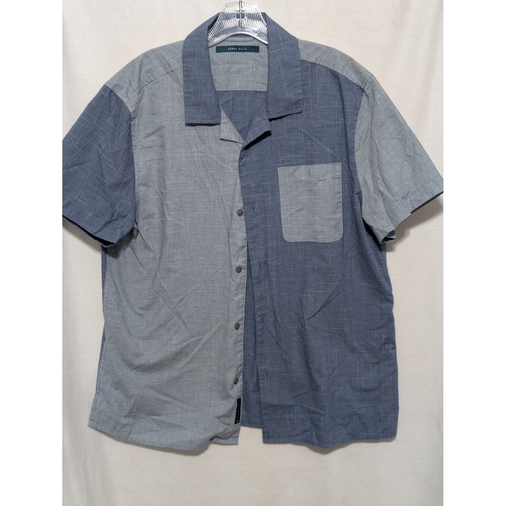 Perry Ellis Mens Large Colorblock Short Sleeve Button Down Camp Shirt Blue Grey